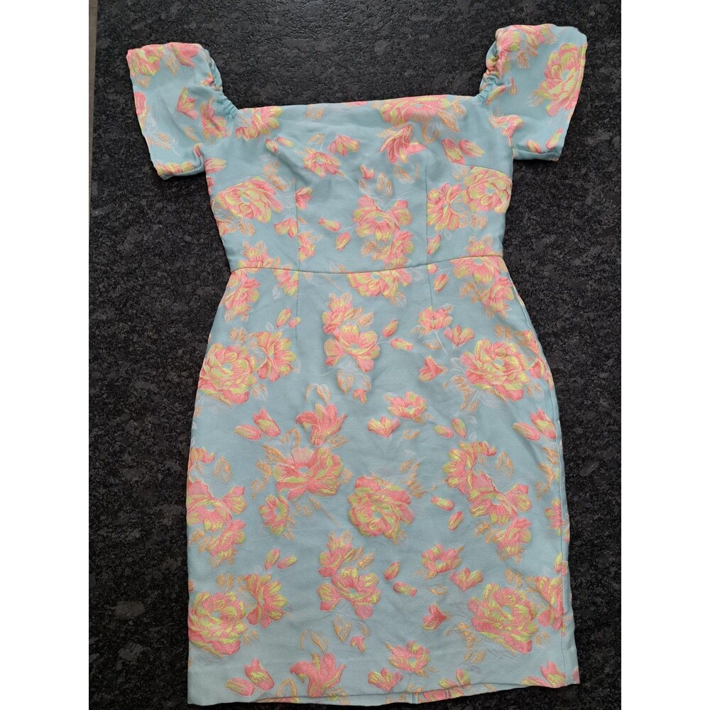 Hutch Floral Jacquard Brocade Dress Pastel Blue w/ Pink & Yellow Flowers Size 8